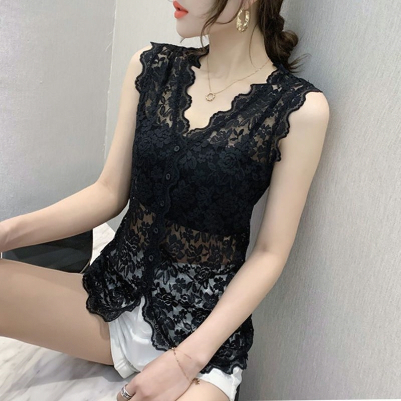 V-Neck Lace Camisole for Women, New Summer Style, Sexy Inner Wear, Hollow-Out Base Shirt, Sleeveless Mesh Top for Outer Wear