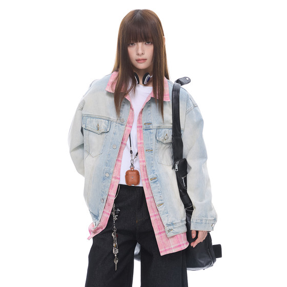 ZEXO美式复古撞色翻领假两件宽松水洗做旧牛仔外套潮百搭