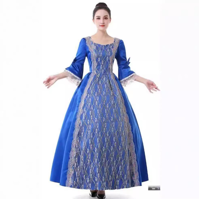 European Medieval Court Dress Evening Gown Luxurious Handmade Mid-Sleeve Dress with Gold Appliqué