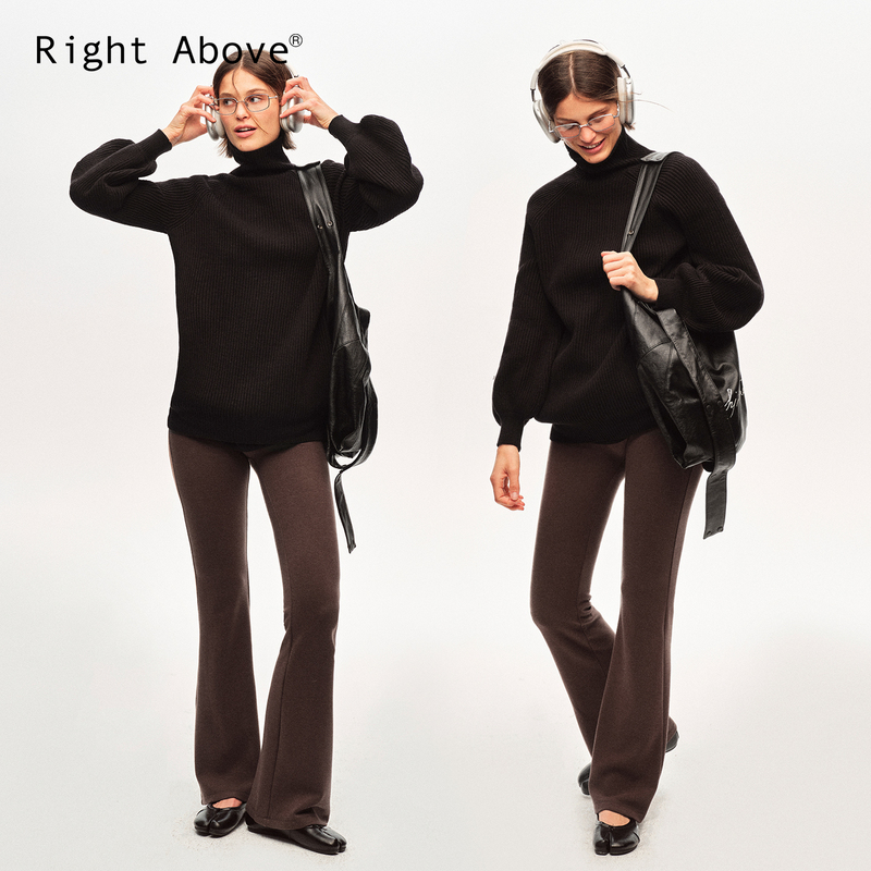 Right Above Basulan Wool Blend Chunky Knit Turtleneck Pocket Sweater Off-White/Brown/Black