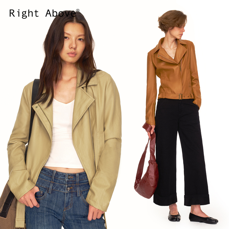 Right Above Classic Wardrobe Diagonal Placket Biker Leather Jacket Women's Winter Vintage Orange/Light Khaki Right Above Classic Wardrobe Diagonal Placket Biker Leather Jacket Women's Winter Vintage Orange/Light Khaki