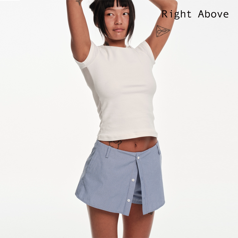 Right Above Blue Striped Skirt Pants with Faux Two-Piece Design, Lined with Buttons, Summer A-Line Shirt Skirt, Short Skirt