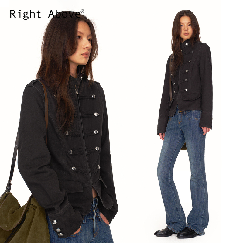 Right Above 100% Cotton Heavyweight Twill Denim Metal Buckle Light Wash Napoleon Jacket Short Jacket