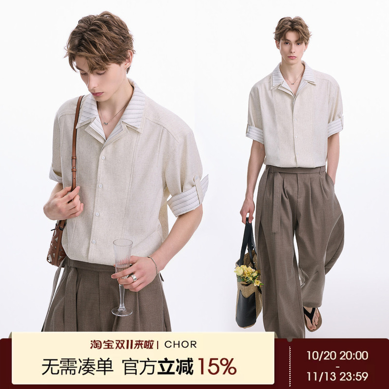 Chor Old Money Style Linen Blend Fake Two-Piece Short-Sleeved Shirt for Men 2026 Summer New High-End Casual Shirt