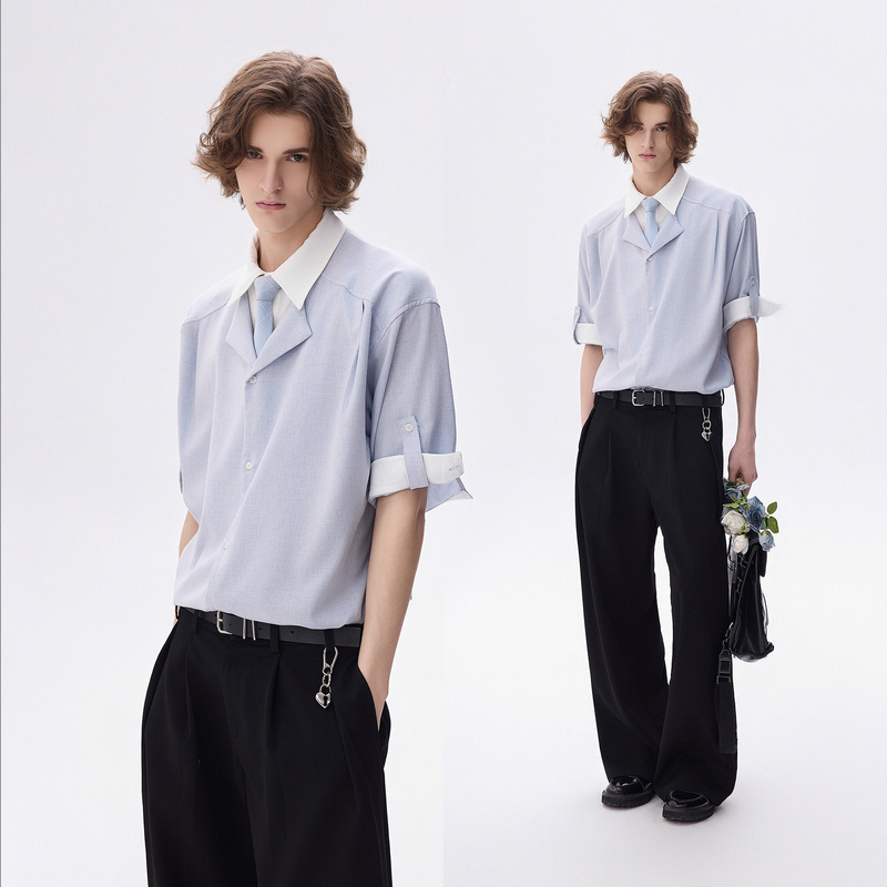Chor Fake Two-Piece Blue Short-Sleeved Shirt for Men, Slim Fit 2026 New Style, Youth Business Lapel Casual Shirt