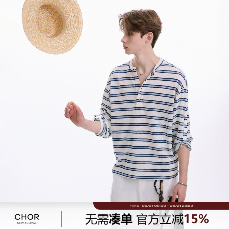 Chor Men's Casual Long Sleeve Versatile Top Snowflake Cotton Striped Open Chest Shirt Half Open Collar Pullover Chiffon