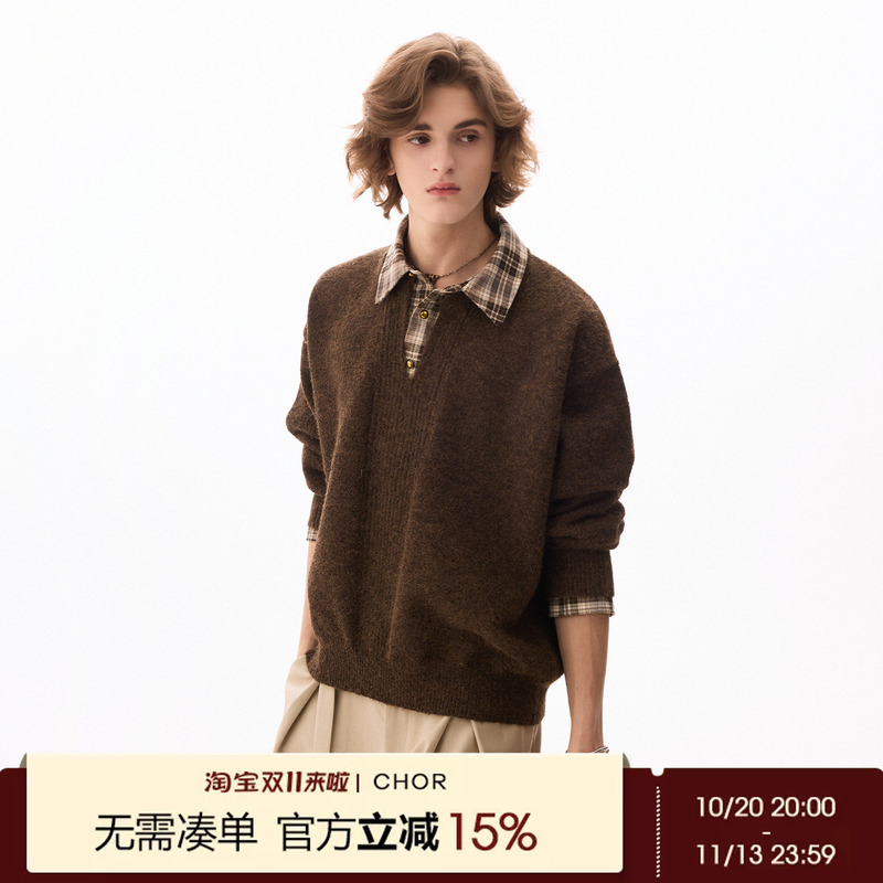 Chor New Winter Wool Blend Coffee-Colored Shirt Collar Fake Two-Piece Knitwear Men's Casual Patchwork Sweater