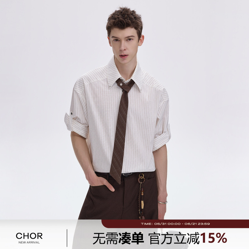 Chor Preppy Style High-Fashion Niche Striped Short-Sleeve Shirt for Men, Business Casual Fashion with Tie Design, Summer Wear