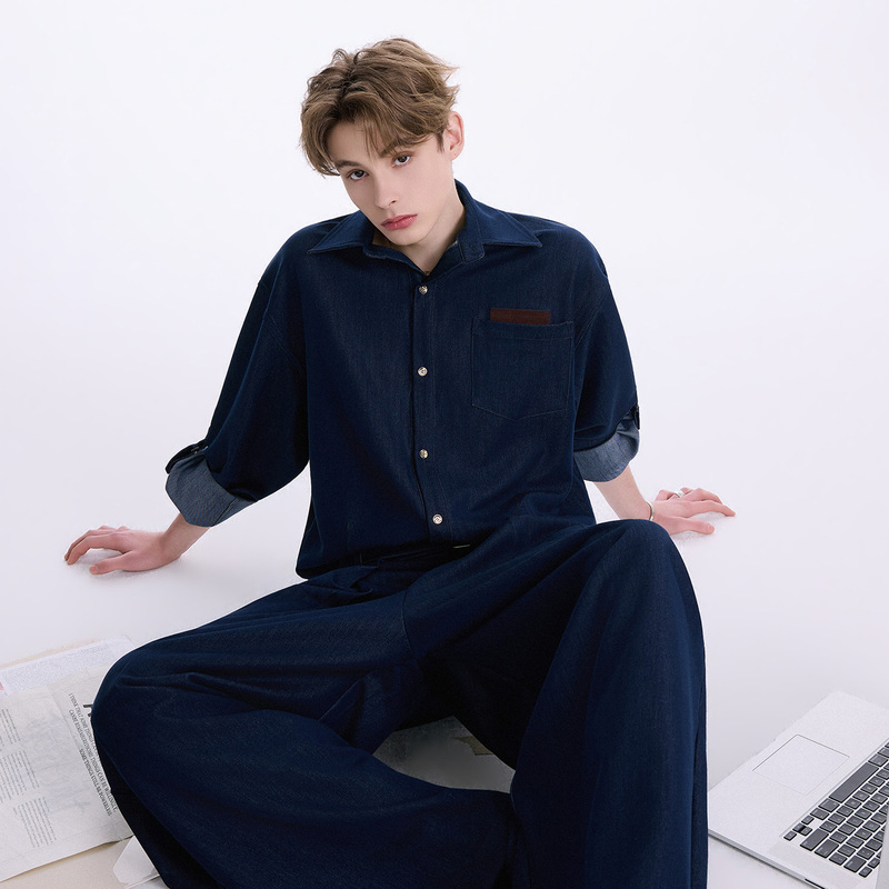 Chor Men's Ice Silk Denim Casual Loose Lapel Long Sleeve Shirt Casual Style 2026 Spring Imitation Denim
