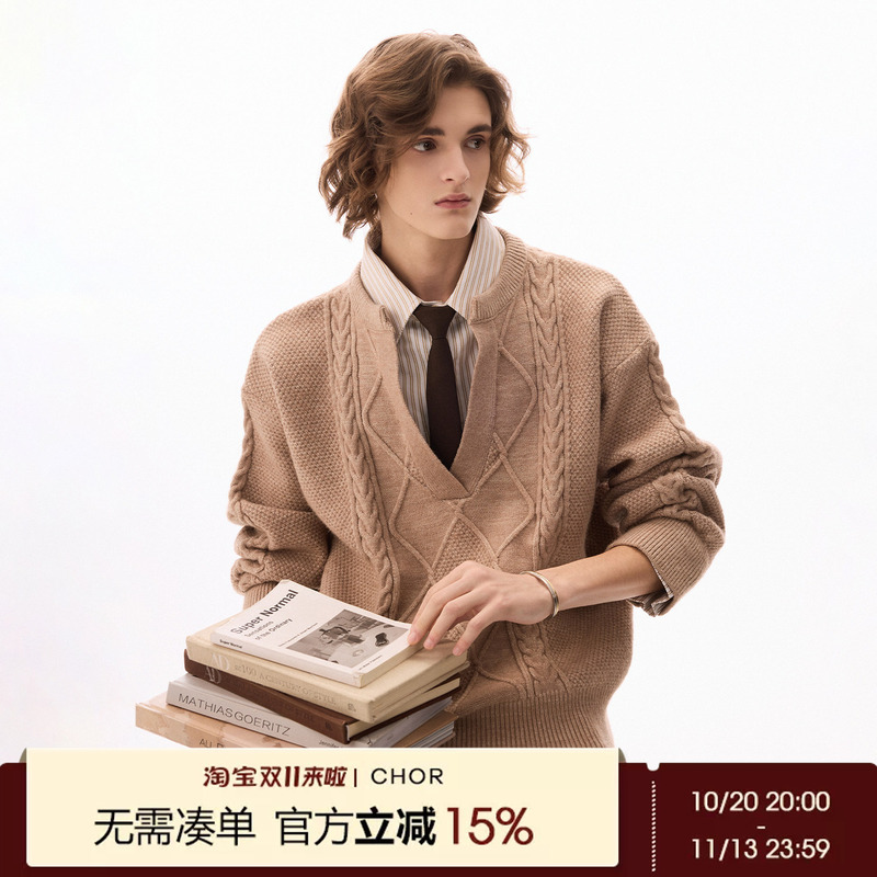 Chor New Winter Style High-End Cable Knit Fake Two-Piece Casual Men's Shirt Collar Pullover Sweater Thick Knitwear