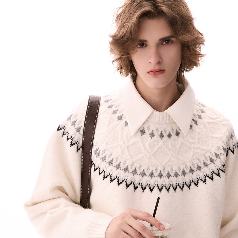 Chor Winter Fair Isle Wool Blend Knit Sweater, Vintage Casual Inner Layer, Round Neck Sweater, Thick Top Chor Winter Fair Isle Wool Blend Knit Sweater, Vintage Casual Inner Layer, Round Neck Sweater, Thick Top