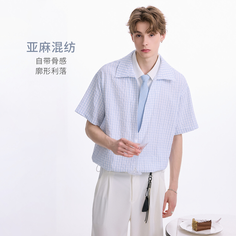 Chor Bubble Gauze Plaid Shirt for Men 2026 Summer New Thin Fake Two-Piece Short-Sleeved Turn-Down Collar Casual Shirt Trendy Chor Bubble Gauze Plaid Shirt for Men 2026 Summer New Thin Fake Two-Piece Short-Sleeved Turn-Down Collar Casual Shirt Trendy