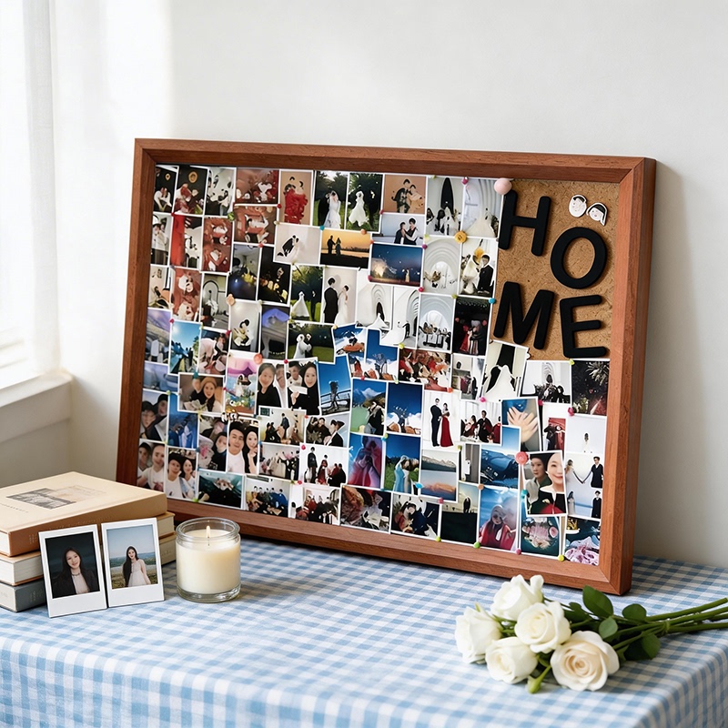 Cork Board Photo Frame Wooden Framed Polaroid Photo Display Wall Small Items Puzzle Frame No-Drill Wall Hanging Sticker