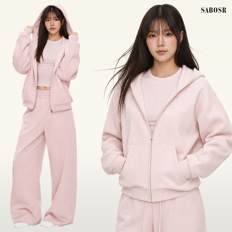 Pink Sweatshirt Jacket and Pants Set for Women, Unique and Beautiful Korean Style Casual Sportswear, Complete Outfit Ootd