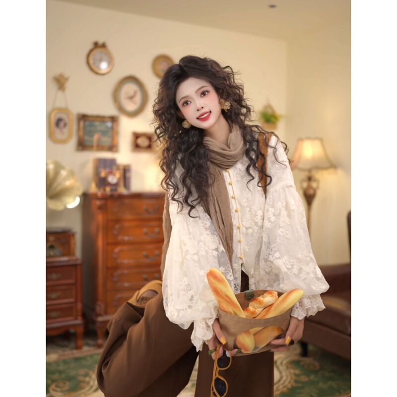 Kuojia【Xi Lian】French Retro Long-Sleeve Top for Women 2026 Autumn Loose Puff Sleeve Casual Shirt