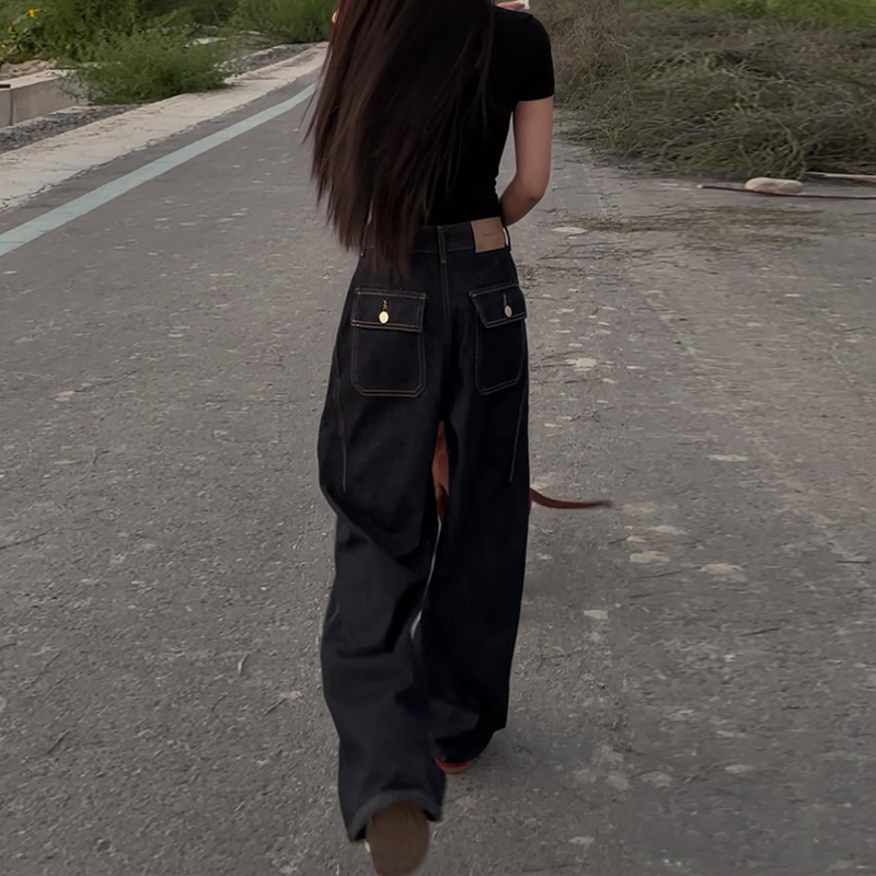 Vintage Street Style Dark Blue Workwear Jeans for Women, Early Autumn High-Waisted Slimming Petite Commuting Versatile Straight-Leg Pants Vintage Street Style Dark Blue Workwear Jeans for Women, Early Autumn High-Waisted Slimming Petite Commuting Versatile Straight-Leg Pants