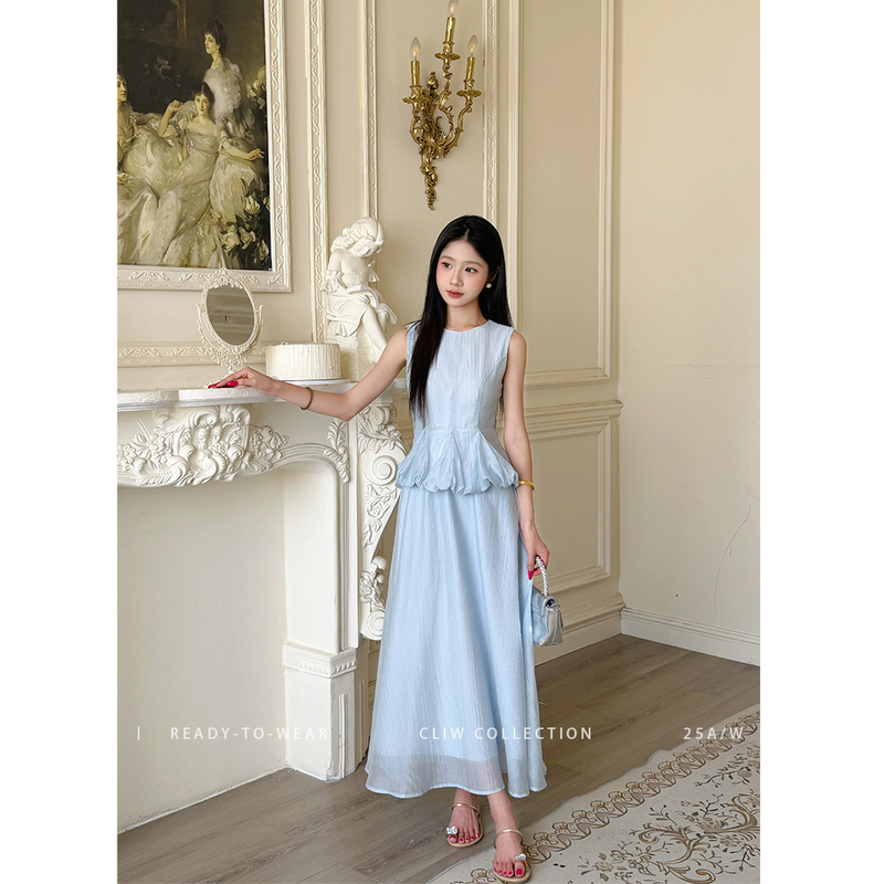 Cai Cai [Misty Flow] Sleeveless Dress for Petite Women, Summer Skin-Friendly Breathable Light Blue High-Waisted Long Dress