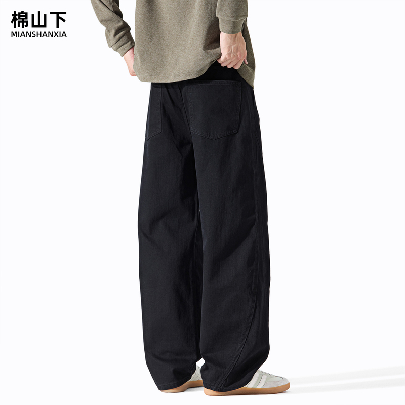 Cotton Mountain Black Curved Hem Pants Men's Loose Straight Wide Leg Plus Size Patchwork Pure Cotton Casual Jeans Autumn New Style Cotton Mountain Black Curved Hem Pants Men's Loose Straight Wide Leg Plus Size Patchwork Pure Cotton Casual Jeans Autumn New Style