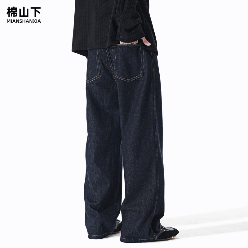 Cotton Mountain Wide-Leg Jeans for Men, Loose Straight-Leg, Large Size, High-End Washed Original Color Denim, Slightly Flared Casual Pants
