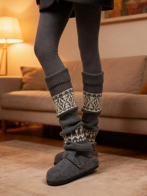 Fir Island Socks, Slouch Socks Paired with Birkenstock Shoes, Thickened and Warm Knit Gray Leg Warmers for Autumn and Winter, Women's Leg Warmers Paired with Snow Boots