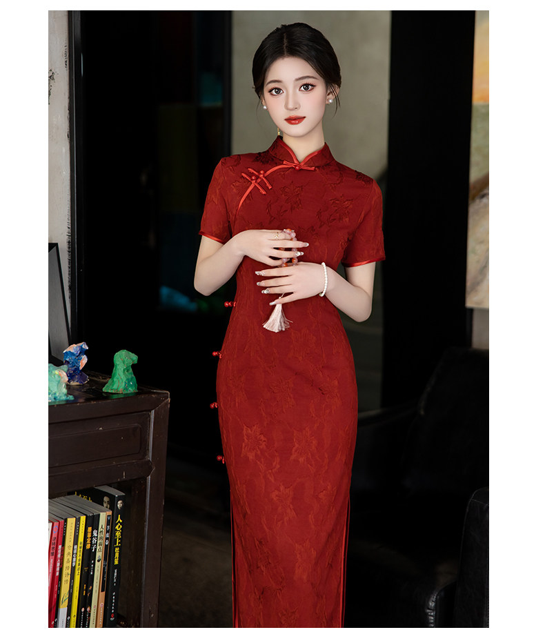 slim fit dress slacks Short Sleeve Mini Qipao with Gold Blossoms