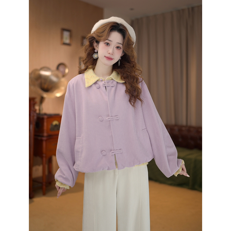 Jiangzhizhi【Sunset Purple】Lazy-Style Purple Short Jacket for Women, Loose and Versatile Round-Neck Jacket for Autumn