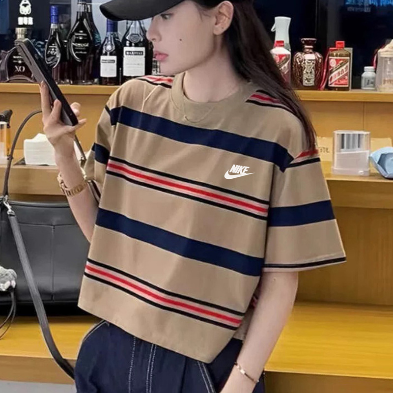 Nike Short-Sleeved T-Shirt for Women Nike2026 New Summer Style Coffee-Colored Striped Versatile Short-Sleeved T-Shirt Top