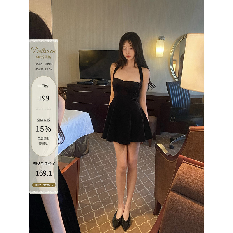Dollswan Hepburn Style French Black Velvet Dress Autumn and Winter Waist-Cinching Slimming Slip Dress Little Black Dress