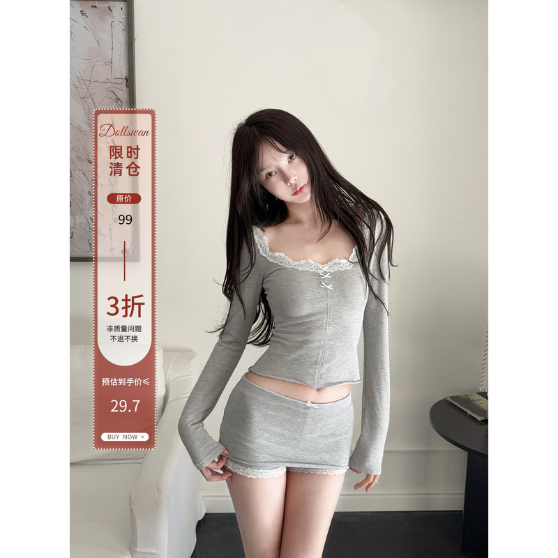 【Limited Time Clearance 70% off 】Dollswan Sweet and Spicy Lace Bow Slim Fit T-Shirt Top and Skirt Pants Set 【Limited Time Clearance 70% off 】Dollswan Sweet and Spicy Lace Bow Slim Fit T-Shirt Top and Skirt Pants Set