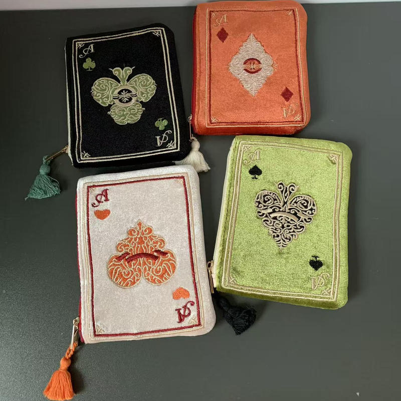 Japanese-Style Hand-Embroidered Playing Card Pattern Cosmetic Bag, Retro Style Portable Storage Pouch, Tassel Lipstick Tissue Bag
