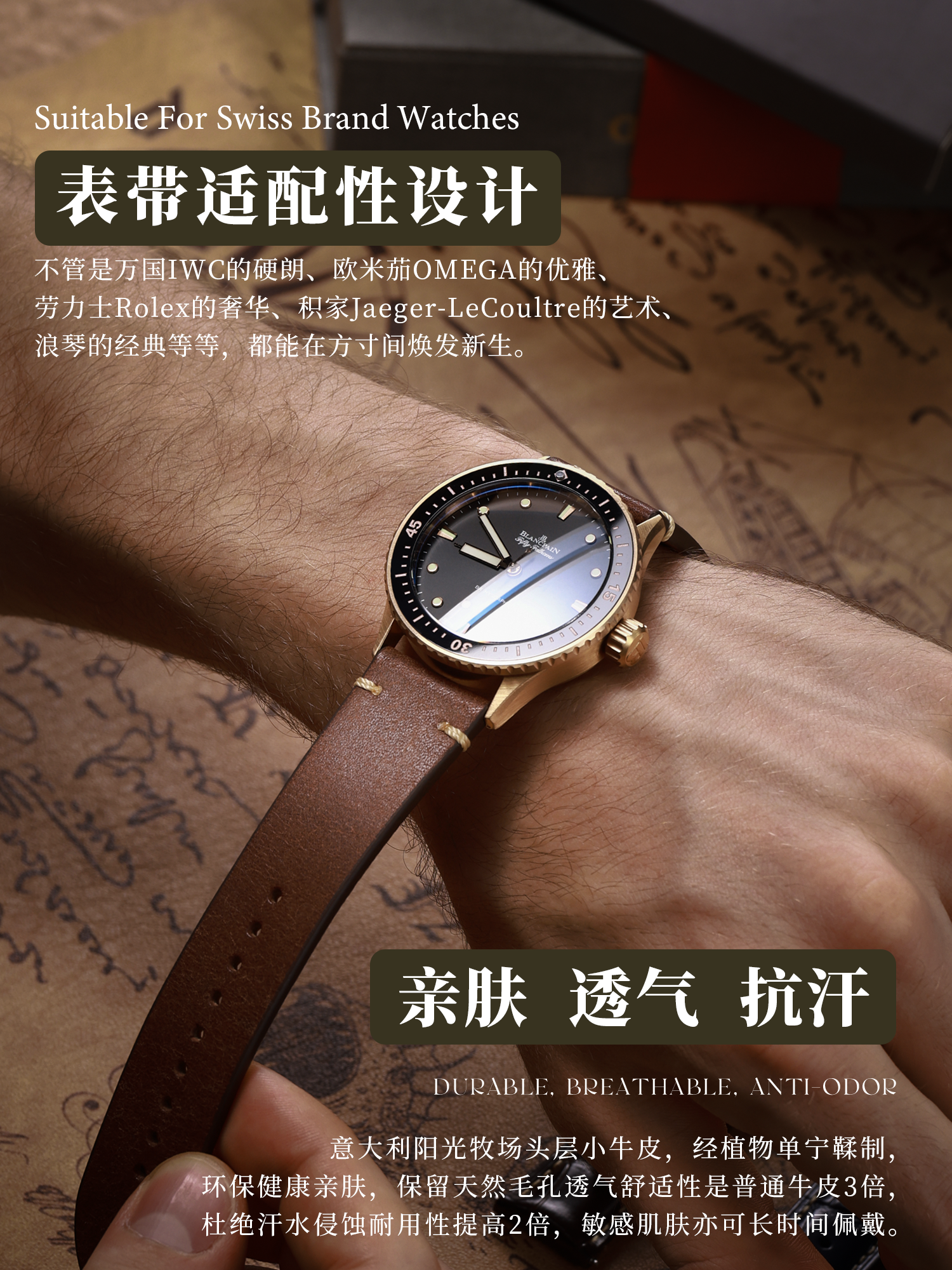 Umtanned Thick Cowhide Leather Watch Strap for Men, Vintage Frosted Genuine Leather, Handmade, Suitable for Iwc, Longines, Omega