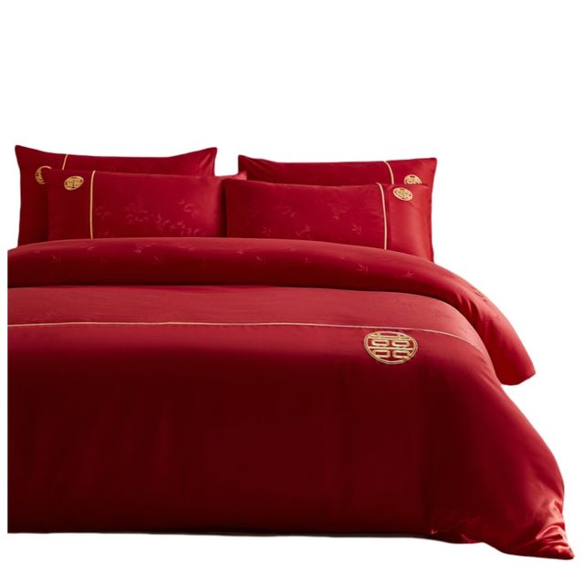 New Chinese style bamboo jacquard wedding four-piece set red quilt cover festive bed sheet wedding bedding doll