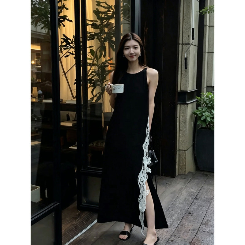 Summer Dark Night Black [Vic Church] Acetate Fiber Round Neck Sleeveless Tank Dress for Women