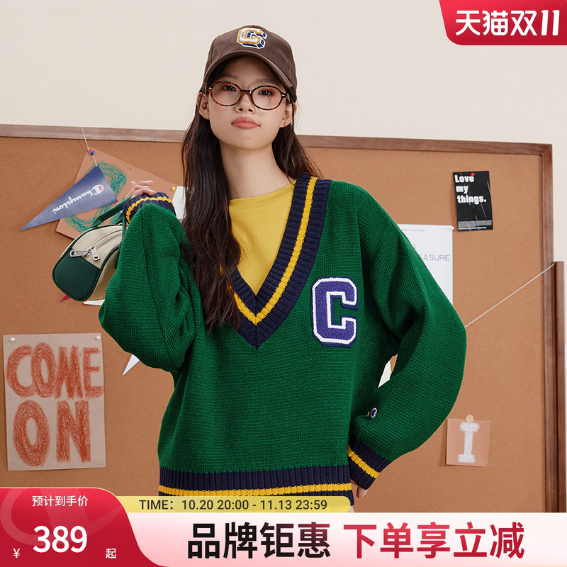 Champion's New Autumn and Winter Women's Sweater V-Neck Knitwear Retro American College Style Pullover Champion's New Autumn and Winter Women's Sweater V-Neck Knitwear Retro American College Style Pullover