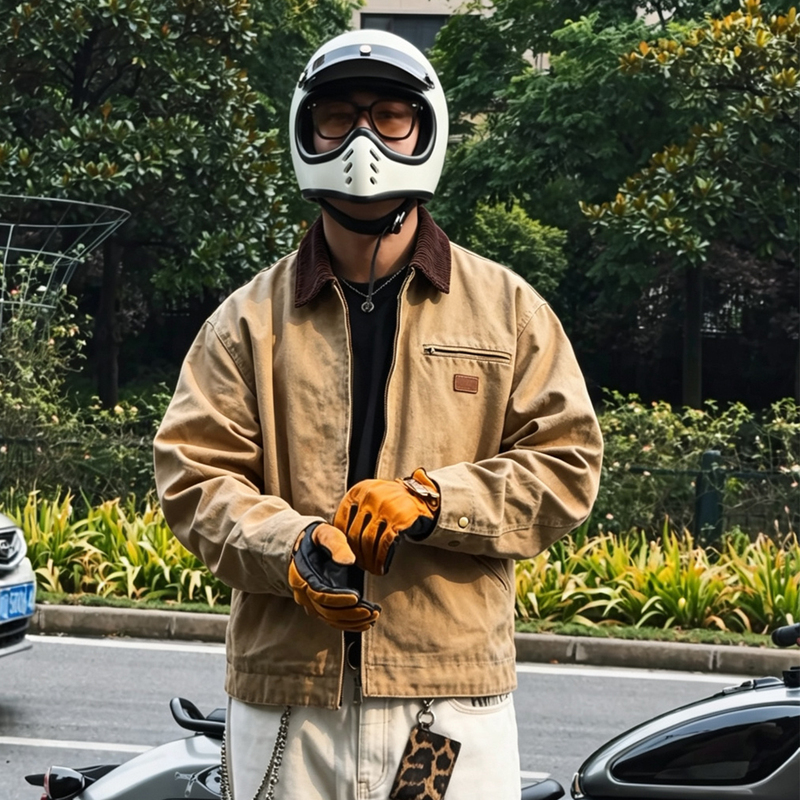American-Style Kaha-Style Retro Lapel Jacket for Men, Heavy-Duty Canvas Detroit Workwear Jacket, Pure Cotton Short Motorcycle Jacket