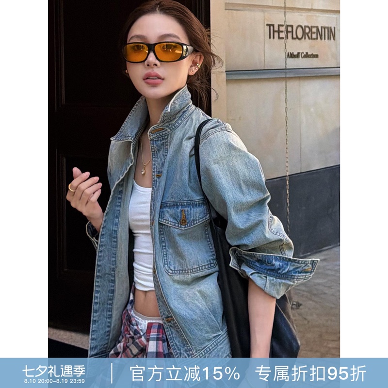 Rher Studio "Seattle Time" Distressed Washed Stand-Up Collar Versatile Slimming Denim Jacket W6007