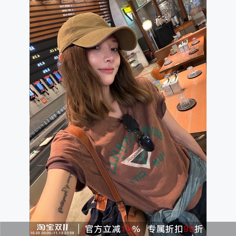 Rher Studio Retro Letter Print Round Neck Loose Slimming Casual Versatile Short-Sleeved T3144