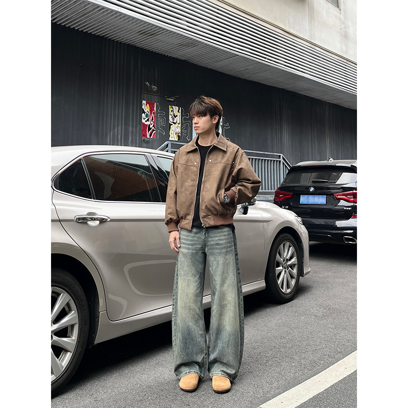 Fyff Retro Blue American-Style Scimitar Jeans for Men and Women, Autumn and Winter Straight-Leg Loose Drape Basic Versatile Long Pants