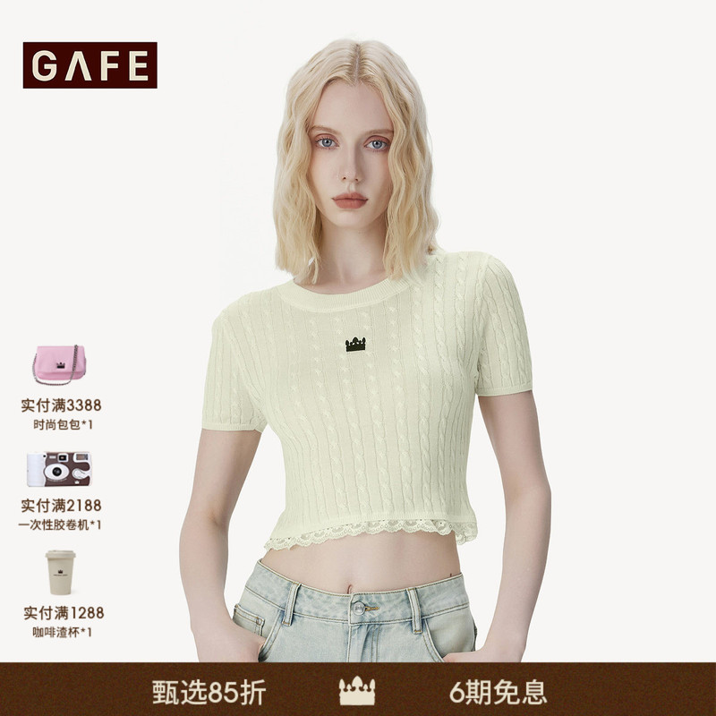 Gafe'Classic Crown' Lace-Trimmed Knitted Short-Sleeve Women's Spring/Summer Slim-Fit Light Luxury Top Short Style Gafe'Classic Crown' Lace-Trimmed Knitted Short-Sleeve Women's Spring/Summer Slim-Fit Light Luxury Top Short Style