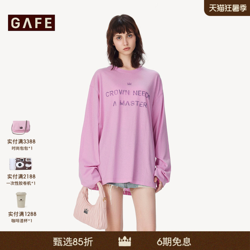 Gafe Crown "Zhang Ji's Style" Long Sleeve Crew Neck T-Shirt for Men and Women, Cotton and Linen, Distressed Letter Print, Relaxed Fit