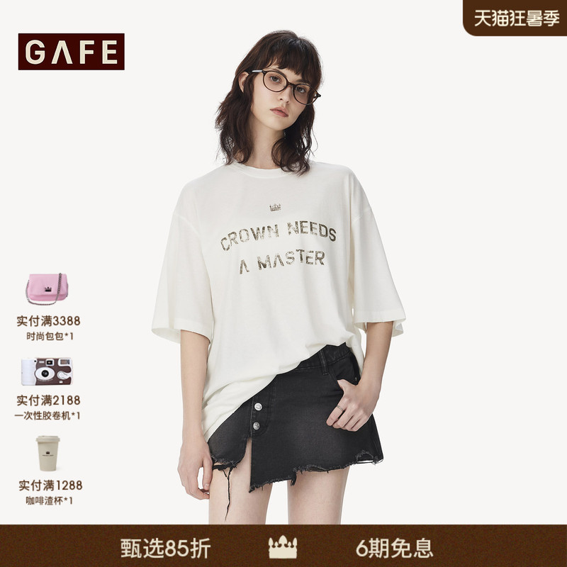 Gafe Crown "Liu Yao Wen's Style" Letter Print T-Shirt for Women, Loose Mid-Length, Relaxed and Luxurious Top