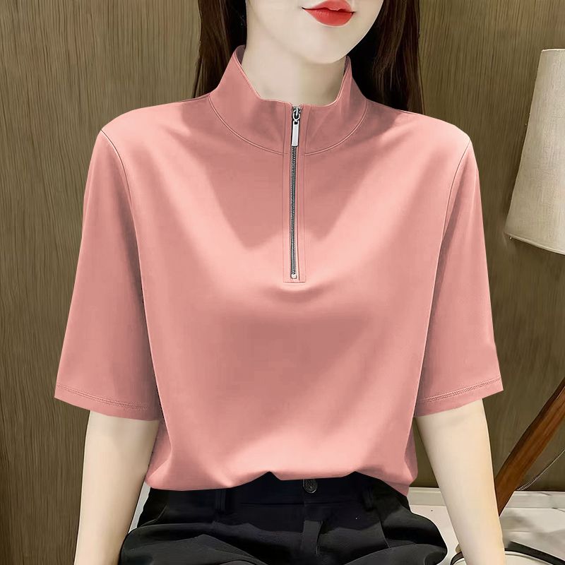 Fashionable and Stylish Stand-Up Collar Five-Quarter Sleeve T-Shirt, New Summer Casual Loose Plus-Size Slimming Artistic Zipper Top for Women