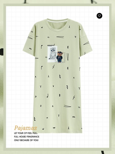 Cat-Themed Nightgown for Women, Summer Pure Cotton Pajamas, Thin Style, Can Be Worn Outside, Loose Fit, Plus Size, Mid-Length Dress, Loungewear