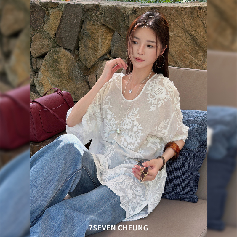 7Seven Tencel Linen~Camellia White Heavy Embroidery Design Short Sleeve Top Lace Chiffon Blouse for Women