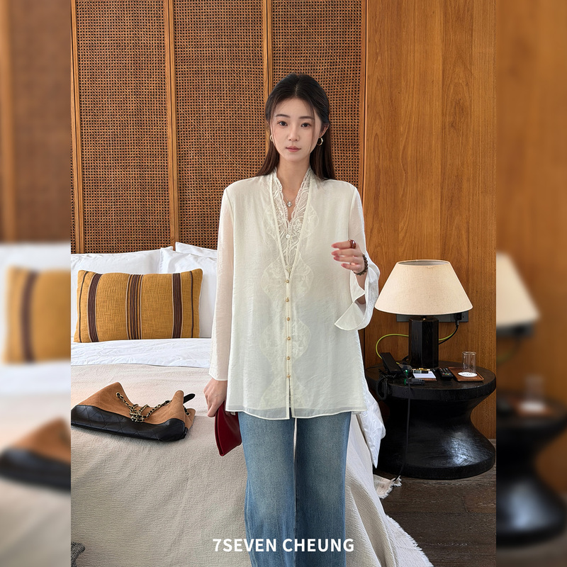 7Seven Mulberry Silk Rayon~Almond White Lace Splicing Design Elegant Texture Early Autumn Chiffon Blouse for Women 7Seven Mulberry Silk Rayon~Almond White Lace Splicing Design Elegant Texture Early Autumn Chiffon Blouse for Women