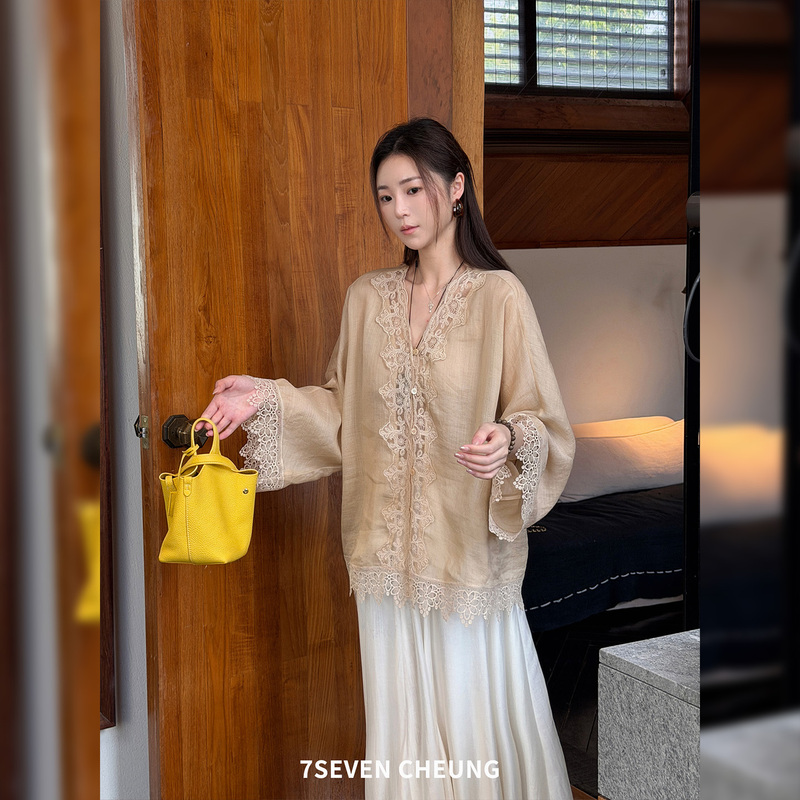 7Seven 100% Ramie ~ Soft Apricot Color Heavy Lace Embroidery Patchwork French V-Neck Long Sleeve Loose Top for Women 7Seven 100% Ramie ~ Soft Apricot Color Heavy Lace Embroidery Patchwork French V-Neck Long Sleeve Loose Top for Women