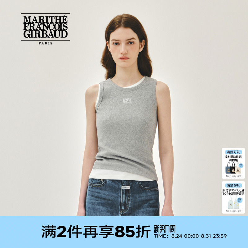 Marithe Women's Ribbon Logo Sleeveless T-Shirt Casual Fashion Print Simple Round Neck Basic Tank Top 2026 Summer