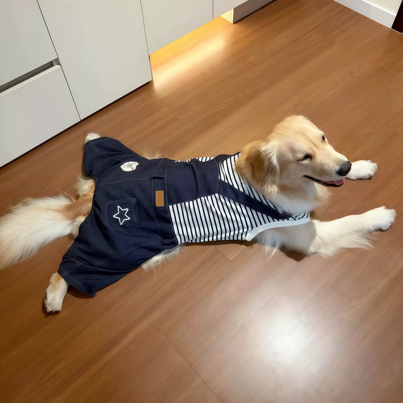 Dog Denim Overalls! One-Piece Striped Four-Legged Clothing with Leash Attachment for Golden Retrievers, Labradors, and Medium to Large Dogs Dog Denim Overalls! One-Piece Striped Four-Legged Clothing with Leash Attachment for Golden Retrievers, Labradors, and Medium to Large Dogs