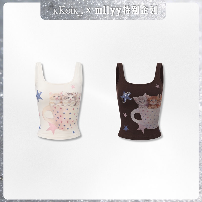 Koifootwear Kitten Cup Tea Cup Cat Star Design Printed Rhinestone Summer Top Camisole Koifootwear Kitten Cup Tea Cup Cat Star Design Printed Rhinestone Summer Top Camisole