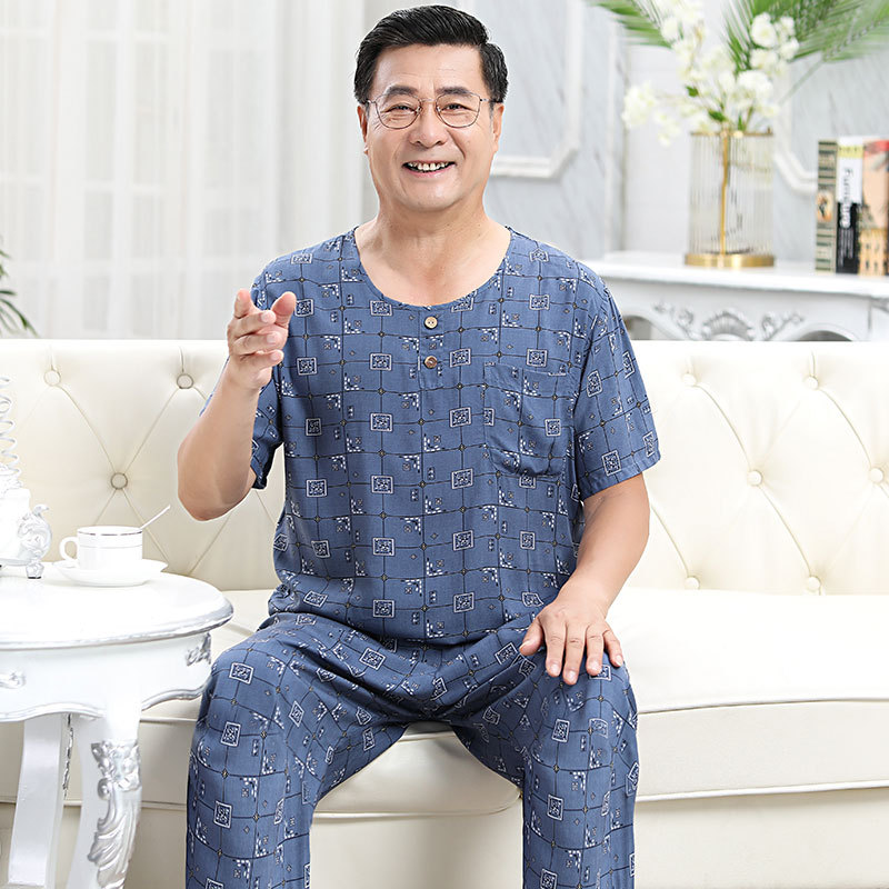 Dad's Cotton Silk Pajama Set Men's Summer Thin Cotton Silk Middle-Aged and Elderly Home Wear Grandpa's Rayon Short-Sleeved Pants Dad's Cotton Silk Pajama Set Men's Summer Thin Cotton Silk Middle-Aged and Elderly Home Wear Grandpa's Rayon Short-Sleeved Pants